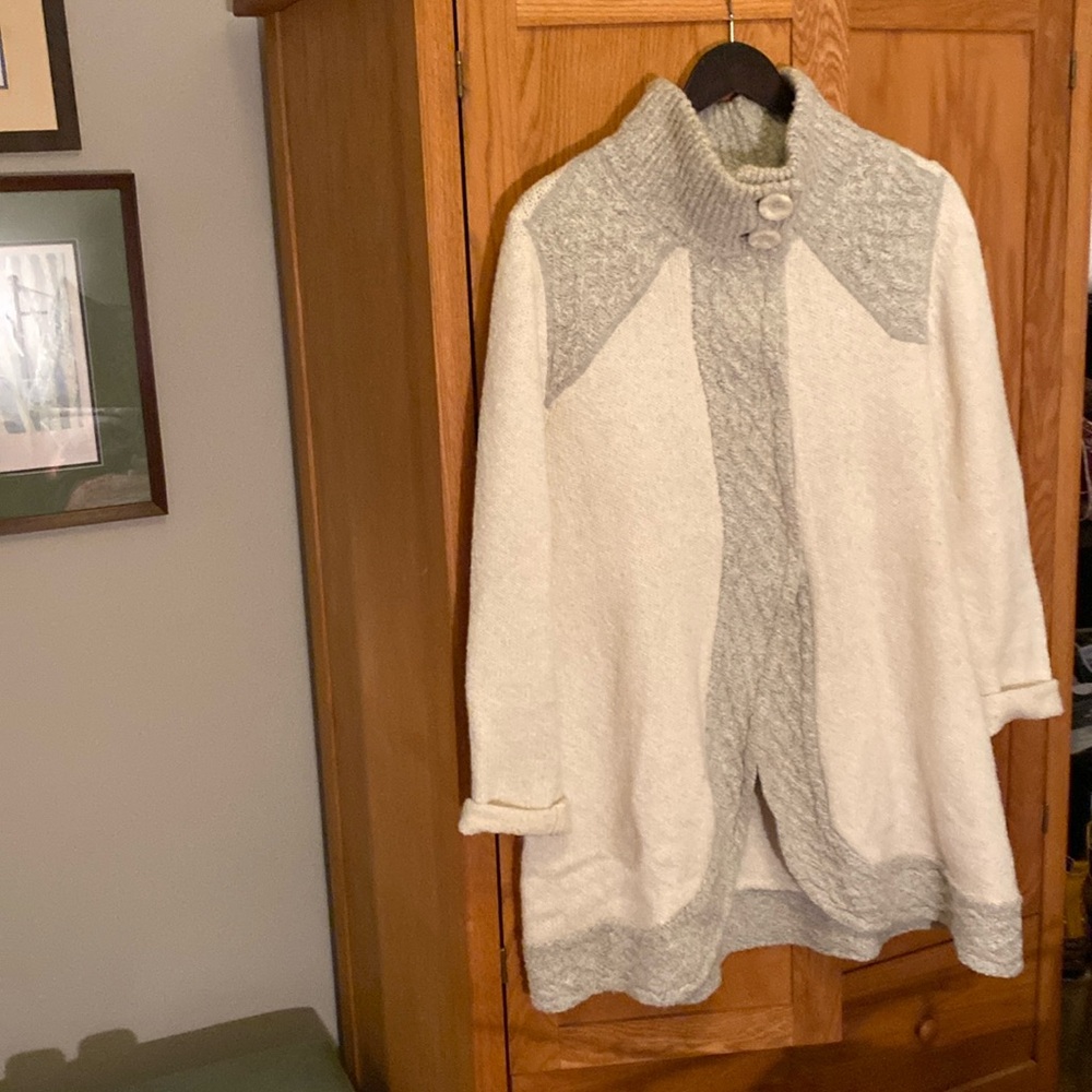 Prana long cardigan, off-white with gray trim